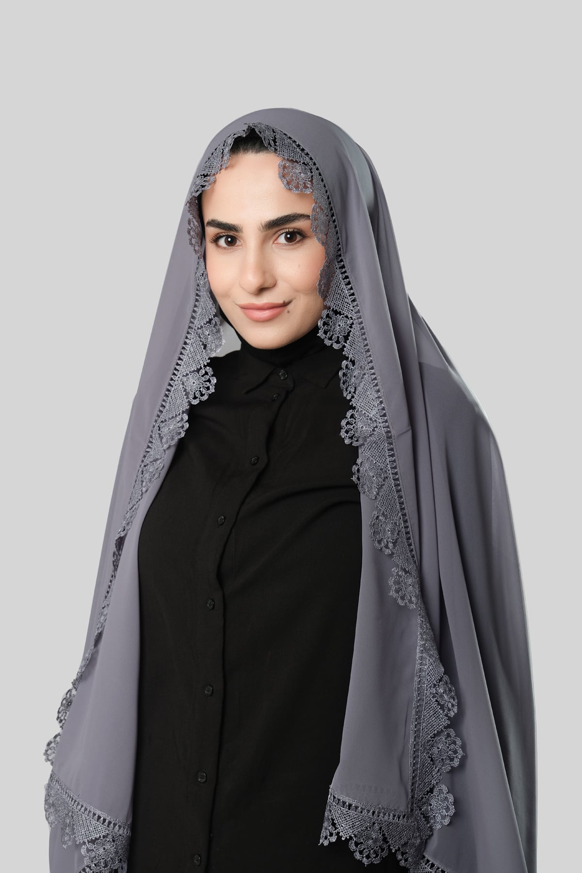 Gri Namaz Başörtüsü Şal Şifon Güpürlü - Hürrem Bone 202106_15