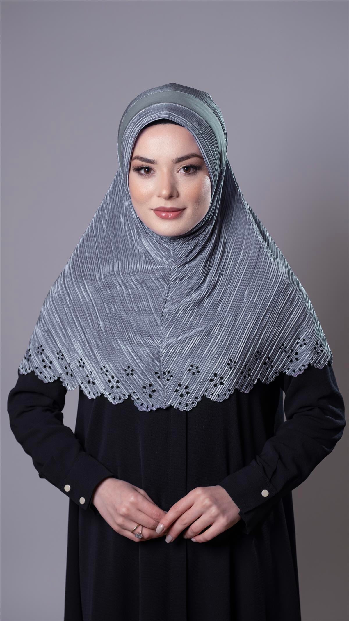 Gri Pratik Hazır Geçmeli Tesettür Eşarp Fukuro Kumaş Piliseli Çiçek Desenli Lazer Kesim - Hürrem Bone 1829_15