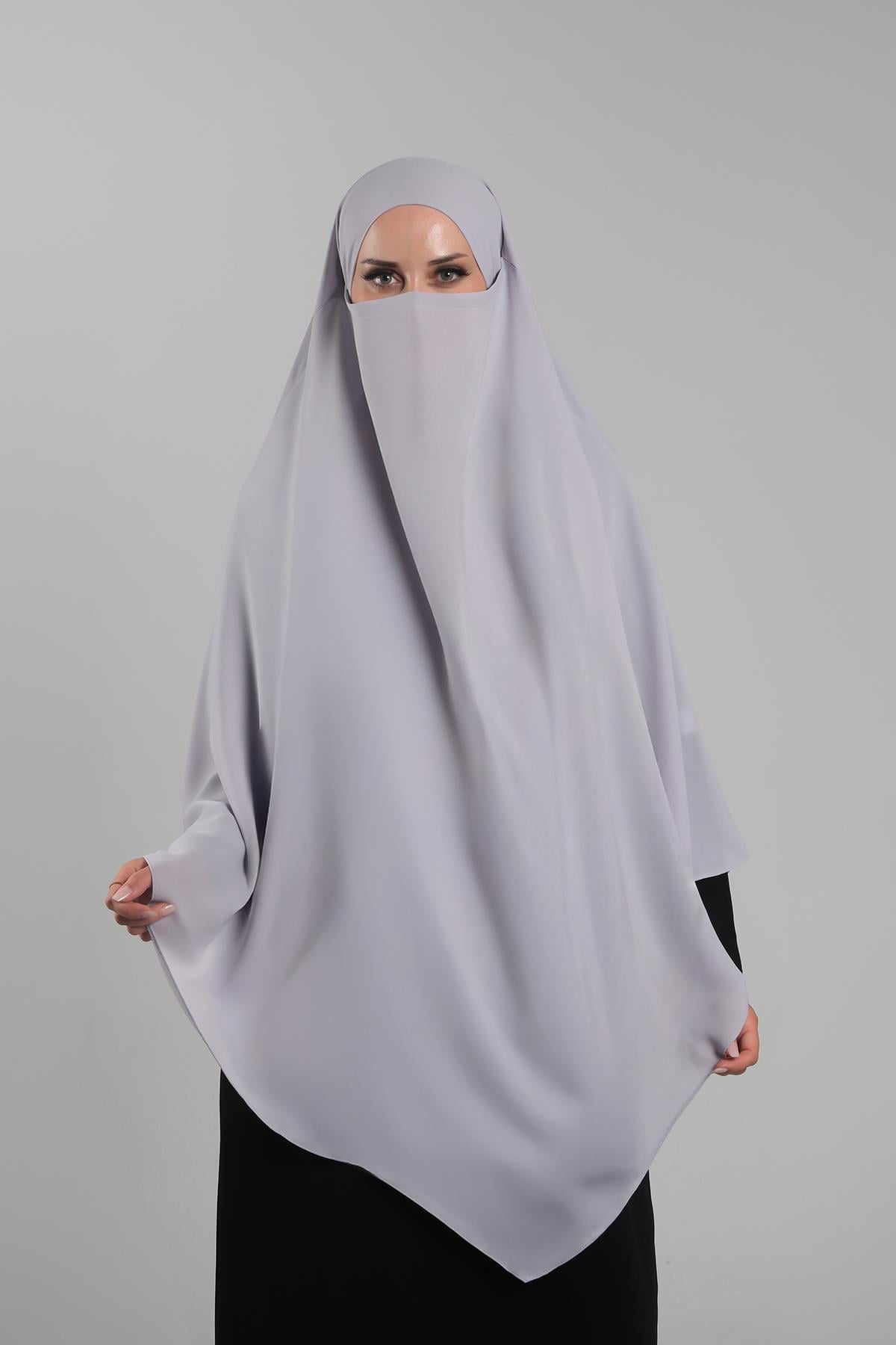 Gri Pratik Hazır Geçmeli Tesettür Eşarp Krep Bağcıklı Çift Katlı Sufle Hijab - Hürrem Bone 2314_15