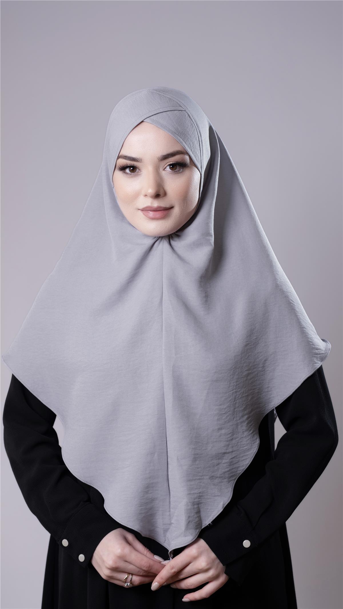 Gri Pratik Hazır Geçmeli Tesettür Eşarp Pamuk Caz Kumaş Tek Katlı Çapraz Hijab - Hürrem Bone 2305_15