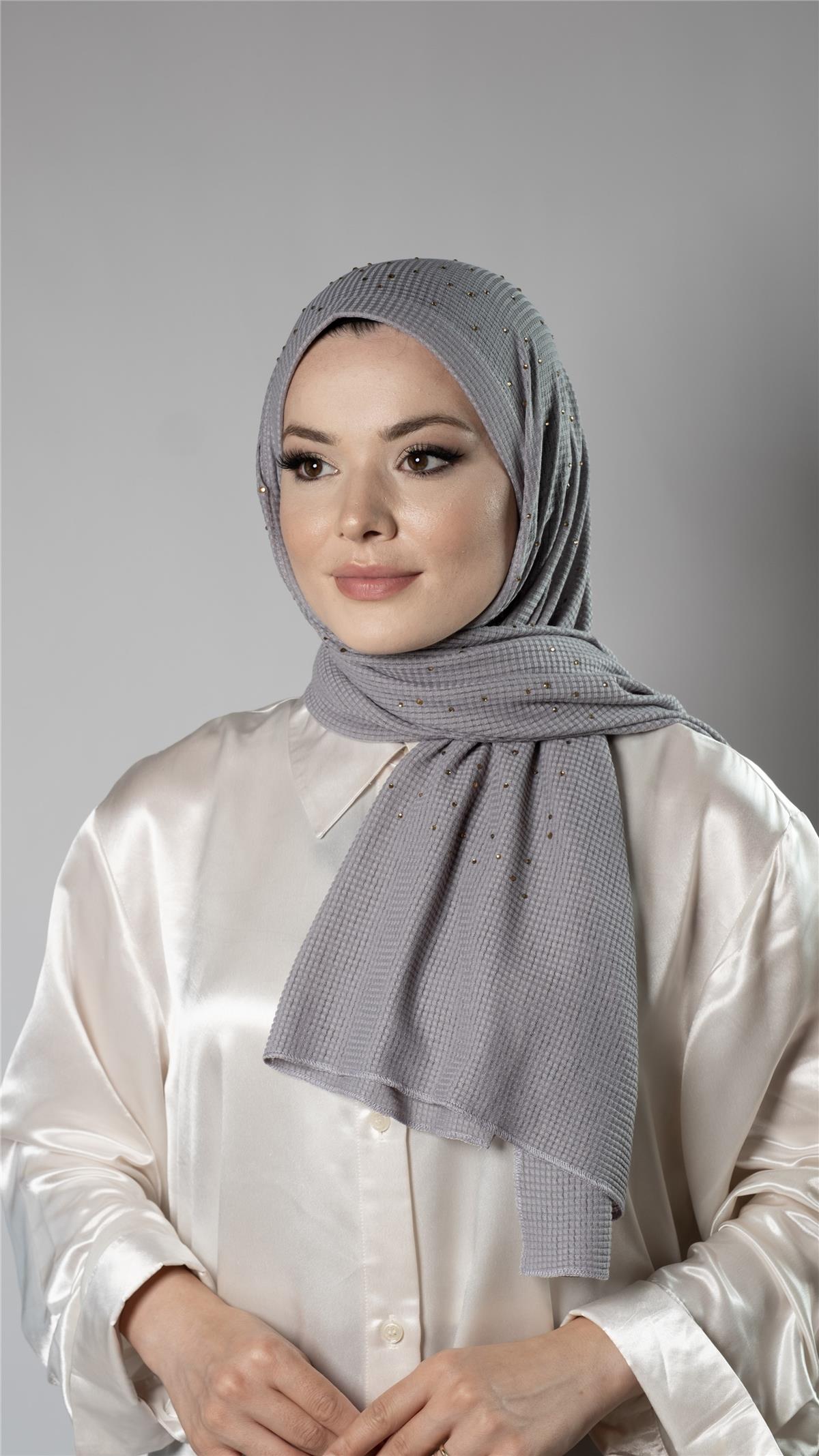 Gri Pratik Hazır Geçmeli Tesettür Şal Örme Kumaş Taş Desenli - Hürrem Bone 2118T_15