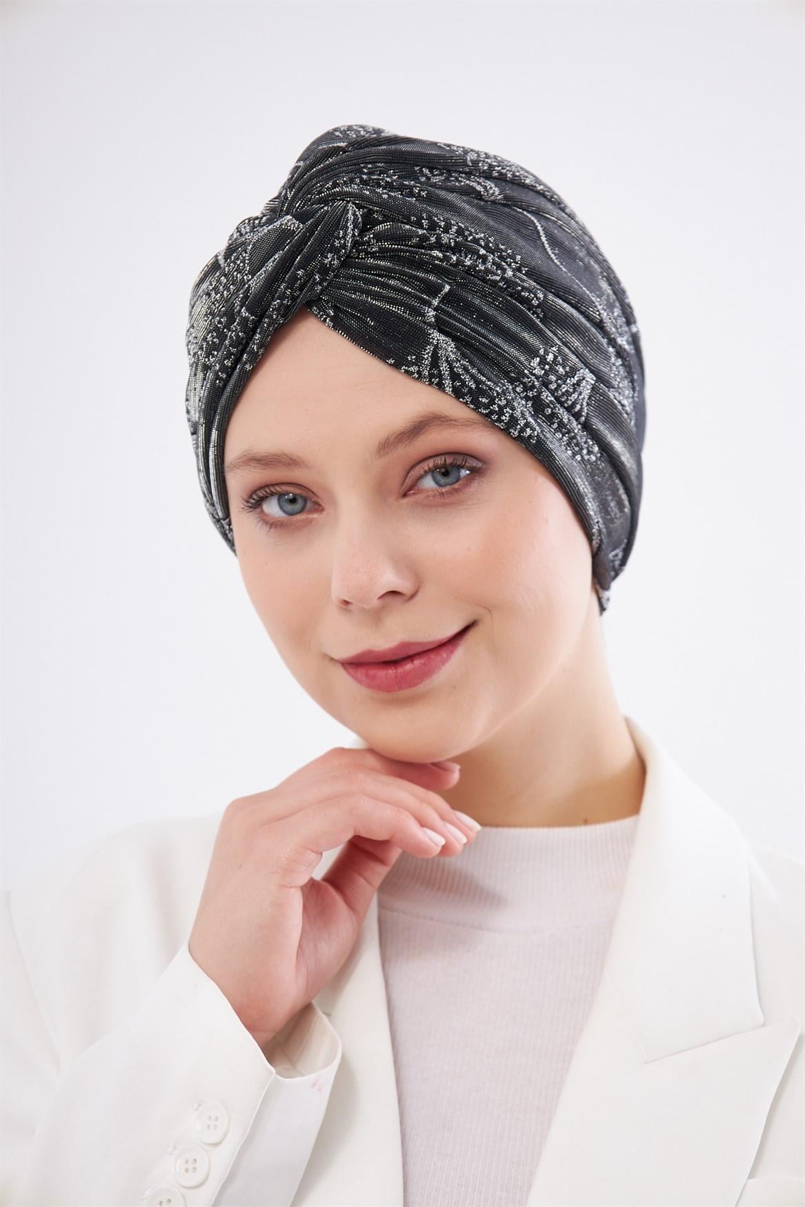 Gri Simli Büzgülü Tesettür Bone Jakar Çiçek Desenli - Hürrem Bone 2317_15