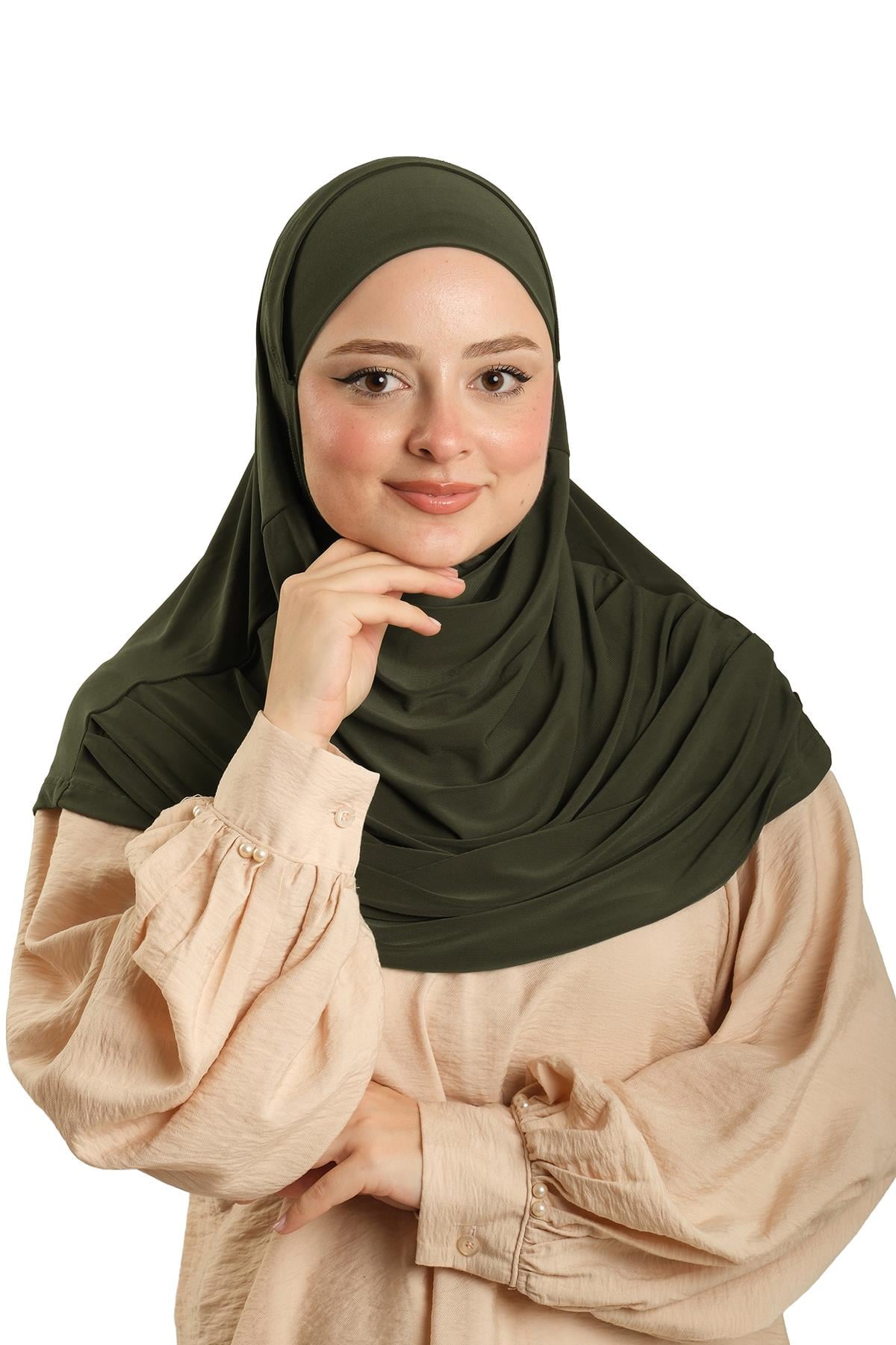 Haki Pratik Hazır Geçmeli Tesettür Eşarp Sandy Kumaş Kendinden Boneli - Hürrem Bone 1290_09