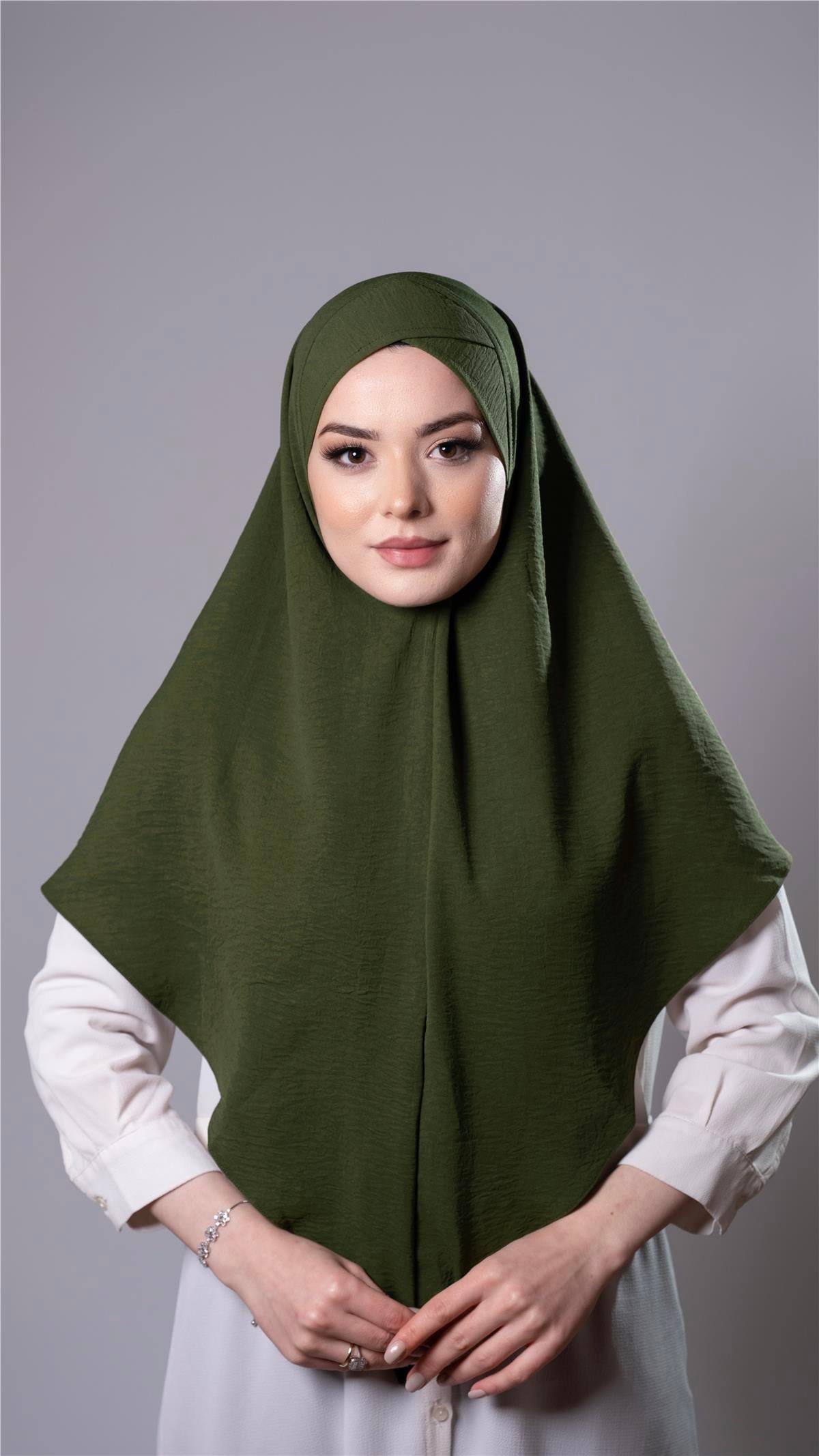Haki Pratik Hazır Geçmeli Tesettür Eşarp Aerobin Kumaş  Çapraz Hijab - Hürrem Bone 2307_09