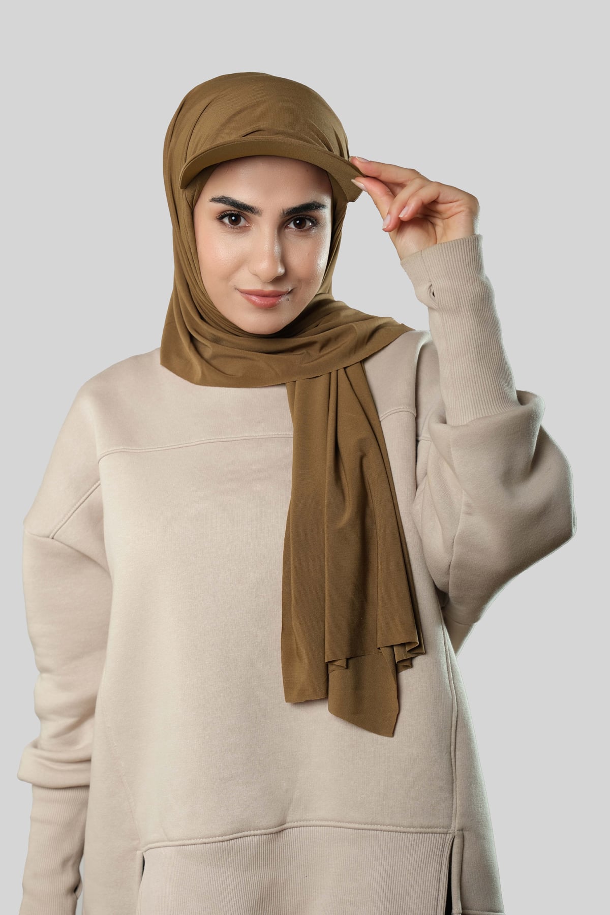 Hardal Pratik Hazır Geçmeli Şapkalı Tesettür Şal Sandy Düz - Hürrem Bone 3008_43