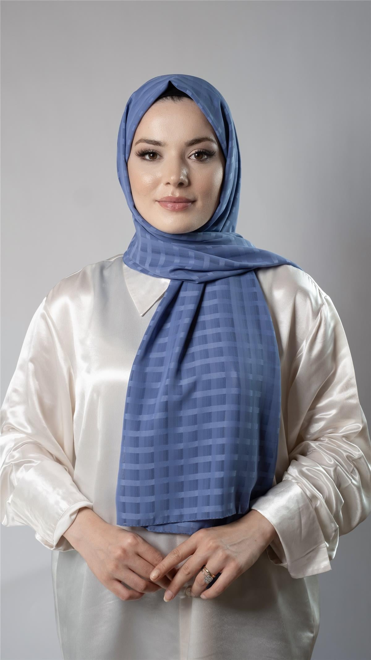 İndigo  Desenli Şal Şifon Kumaş Kareli Çizgili - Hürrem Bone 202107_34