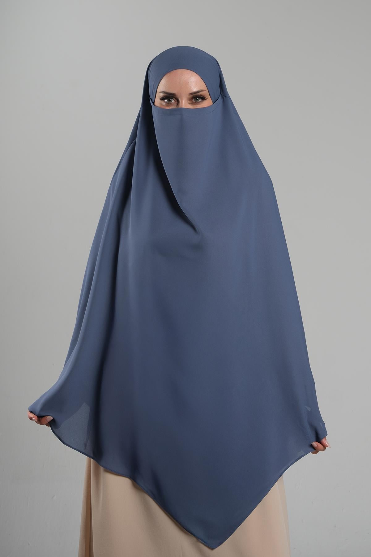 İndigo Pratik Hazır Geçmeli Tesettür Eşarp Krep Bağcıklı Çift Katlı Sufle Hijab - Hürrem Bone 2314_34