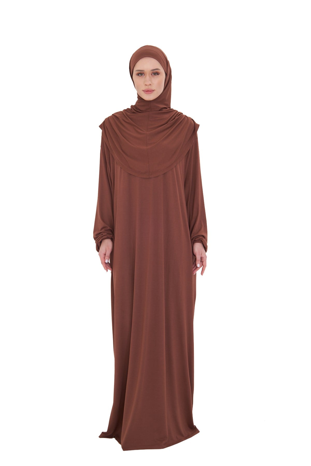 Kahve Tek Parça Namaz Elbisesi Viskon Düz - Hürrem Bone 2503_14
