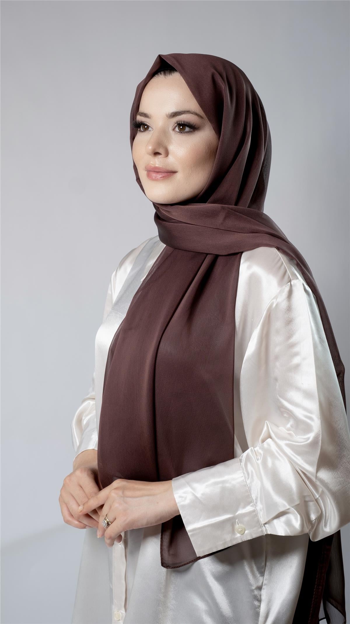 Kahverengi Düz Klasik Şal Şifon Kumaş Janjan Abiye - Hürrem Bone 202108_14