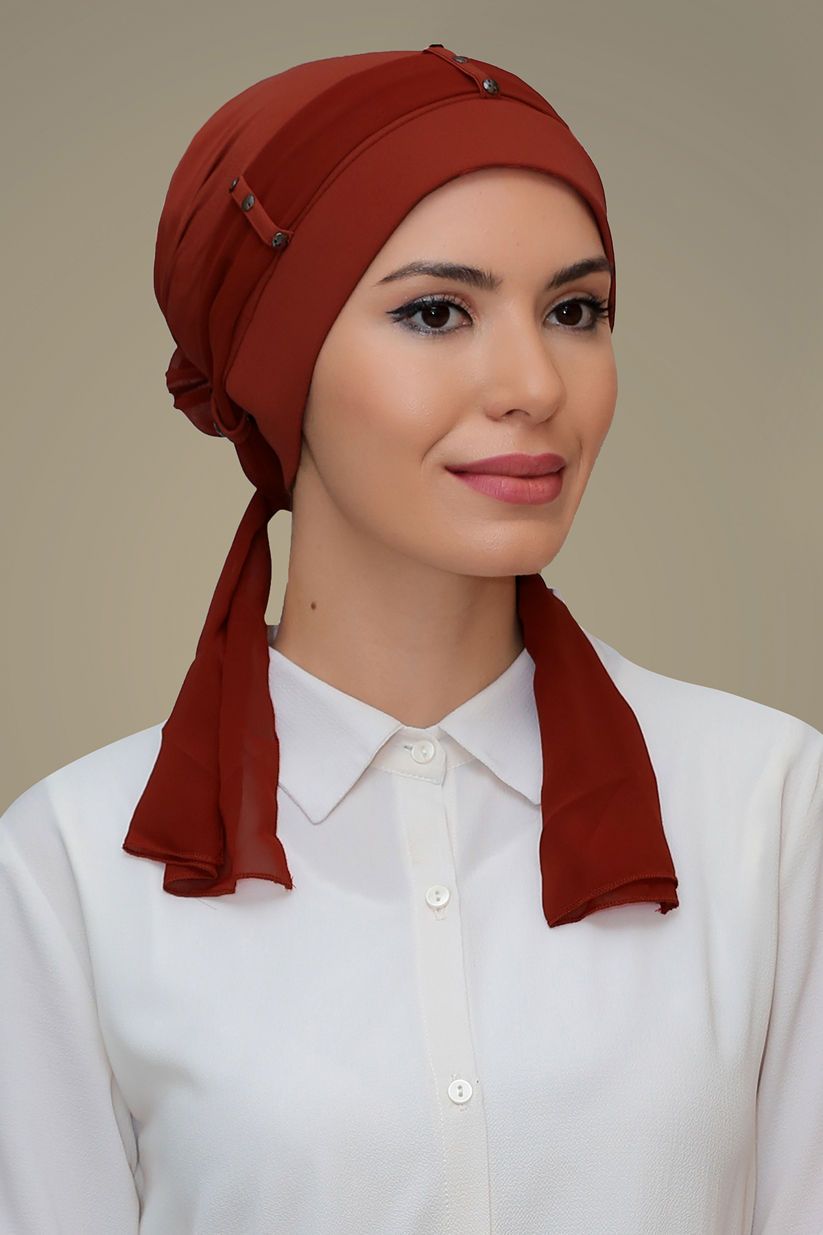 Kiremit Pratik Hazır Geçmeli Tesettür Bone Sandy Kumaş Kemerli Taşlı - Hürrem 1205