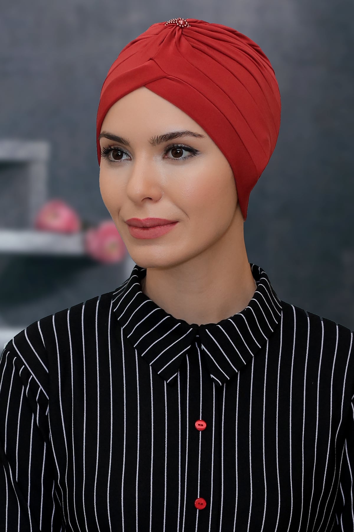 Kiremit Pratik Hazır Geçmeli Tesettür Bone Sandy Kumaş Taçlı Büzgülü - Hürrem 1208