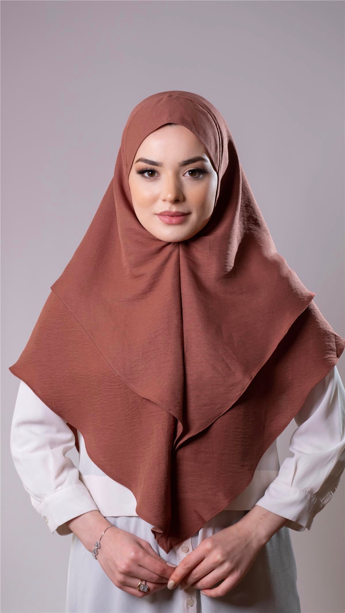 Kiremit Pratik Hazır Geçmeli Tesettür Eşarp Pamuk Caz Kumaş Çift Katlı Düz Hijab - Hürrem Bone 2303_05