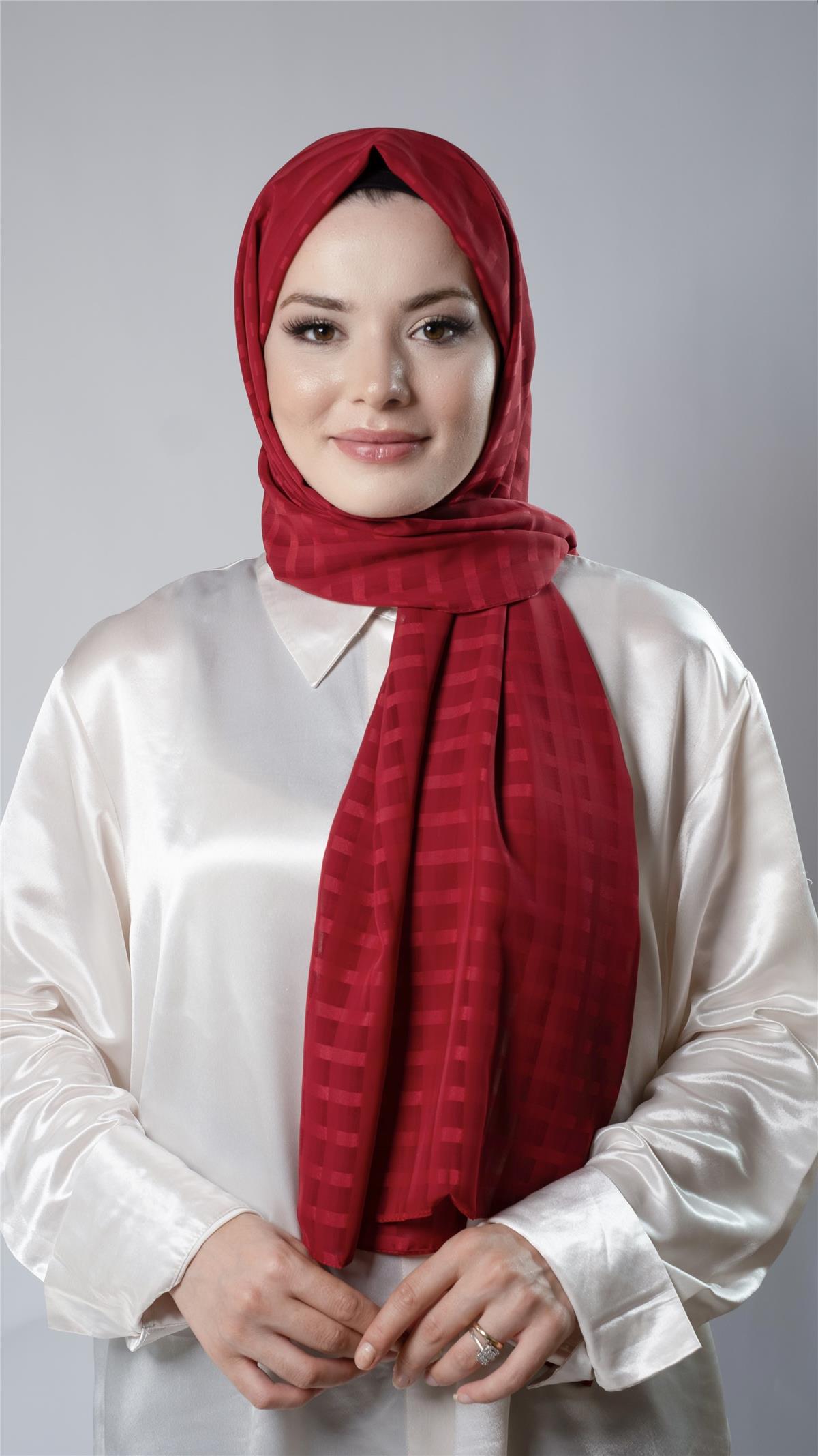 Kırmızı Desenli Şal Şifon Kumaş Kareli Çizgili - Hürrem Bone 202107_31