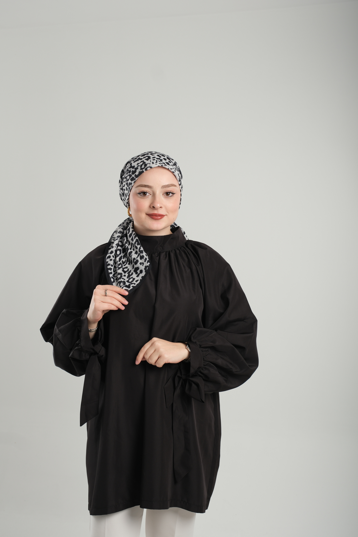 Krem Desenli Eşarp Kesik Elyaf Pamuksu Leopar Dijital Baskılı - Hürrem Bone 202201_40