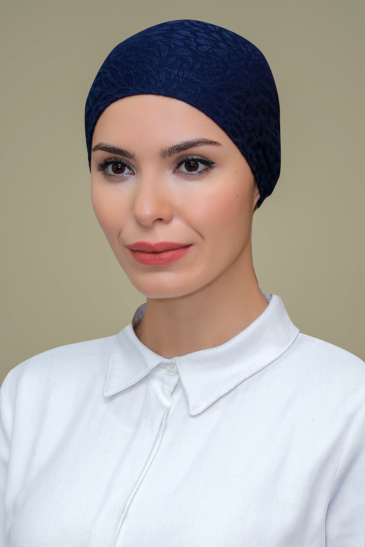 Lacivert Pratik Hazır Geçmeli Tesettür Bone Jakarlı Desenli Güllü - Hürrem 1202