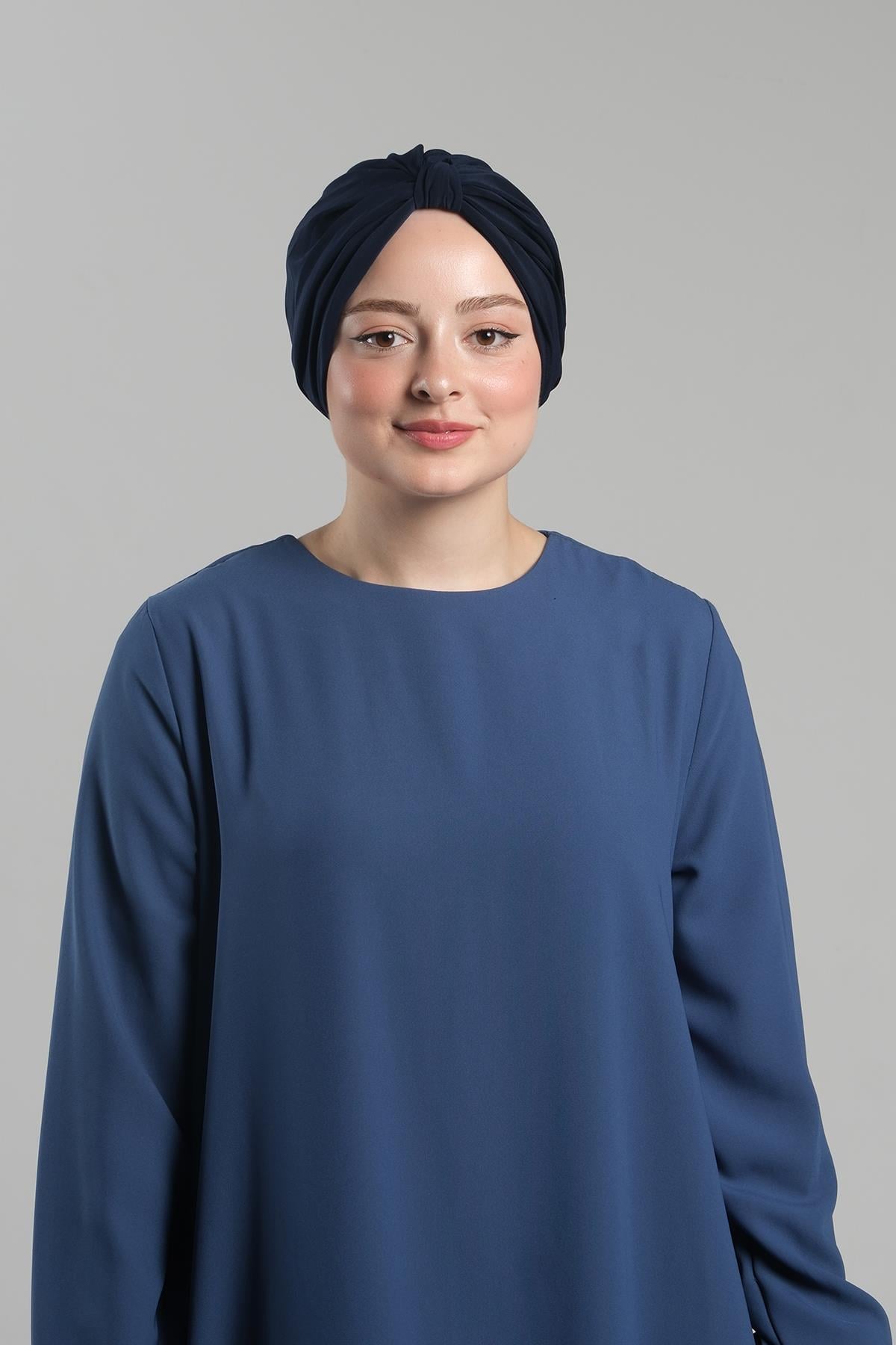 Lacivert Pratik Hazır Geçmeli Tesettür Bone Sandy Pileli Salaş - Hürrem Bone 2121_02