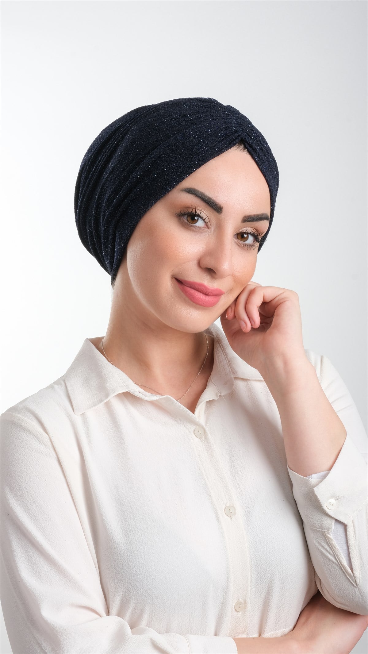 Lacivert Pratik Hazır Geçmeli Tesettür Bone Fukuro Simli Büzgülü - Hürrem Bone 2116_02