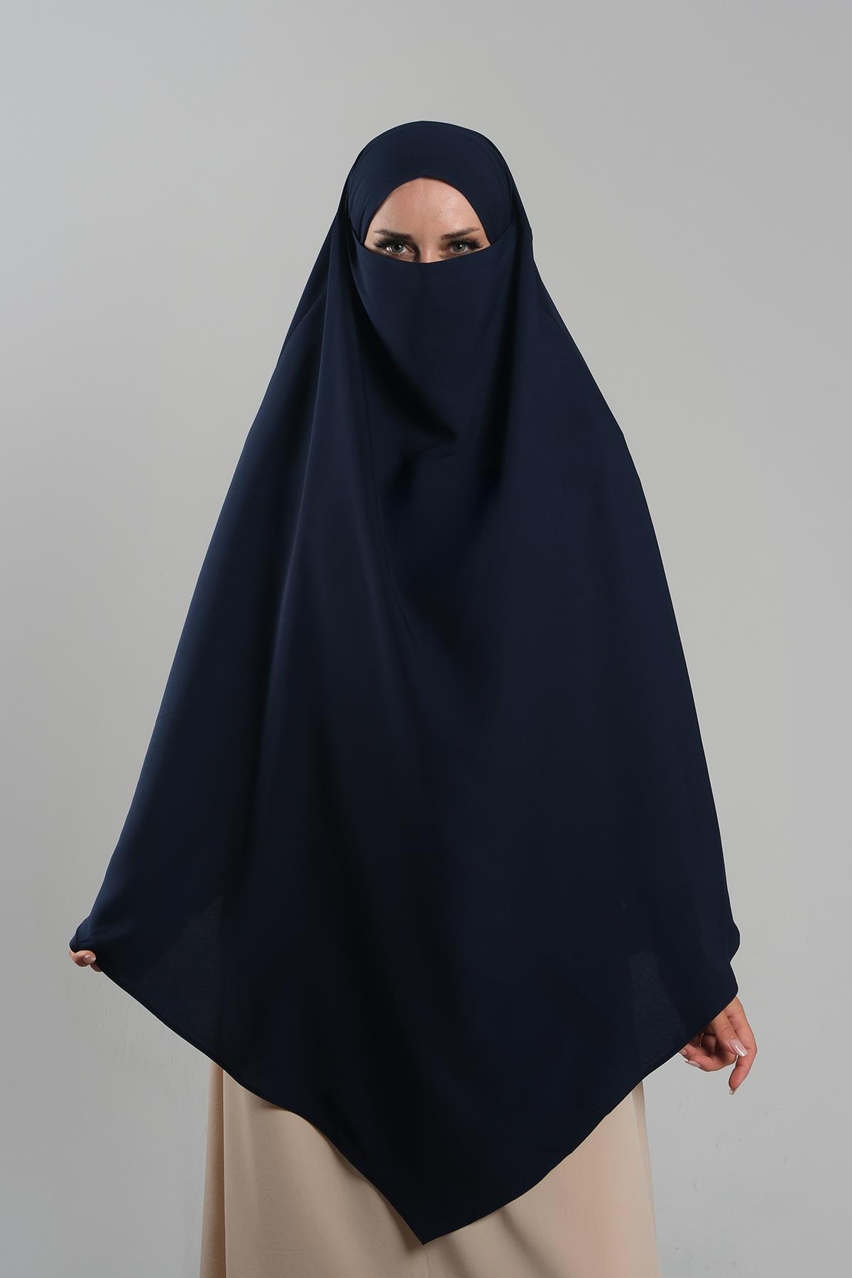 Lacivert Pratik Hazır Geçmeli Tesettür Eşarp Krep Bağcıklı Çift Katlı Sufle Hijab - Hürrem Bone 2314_02