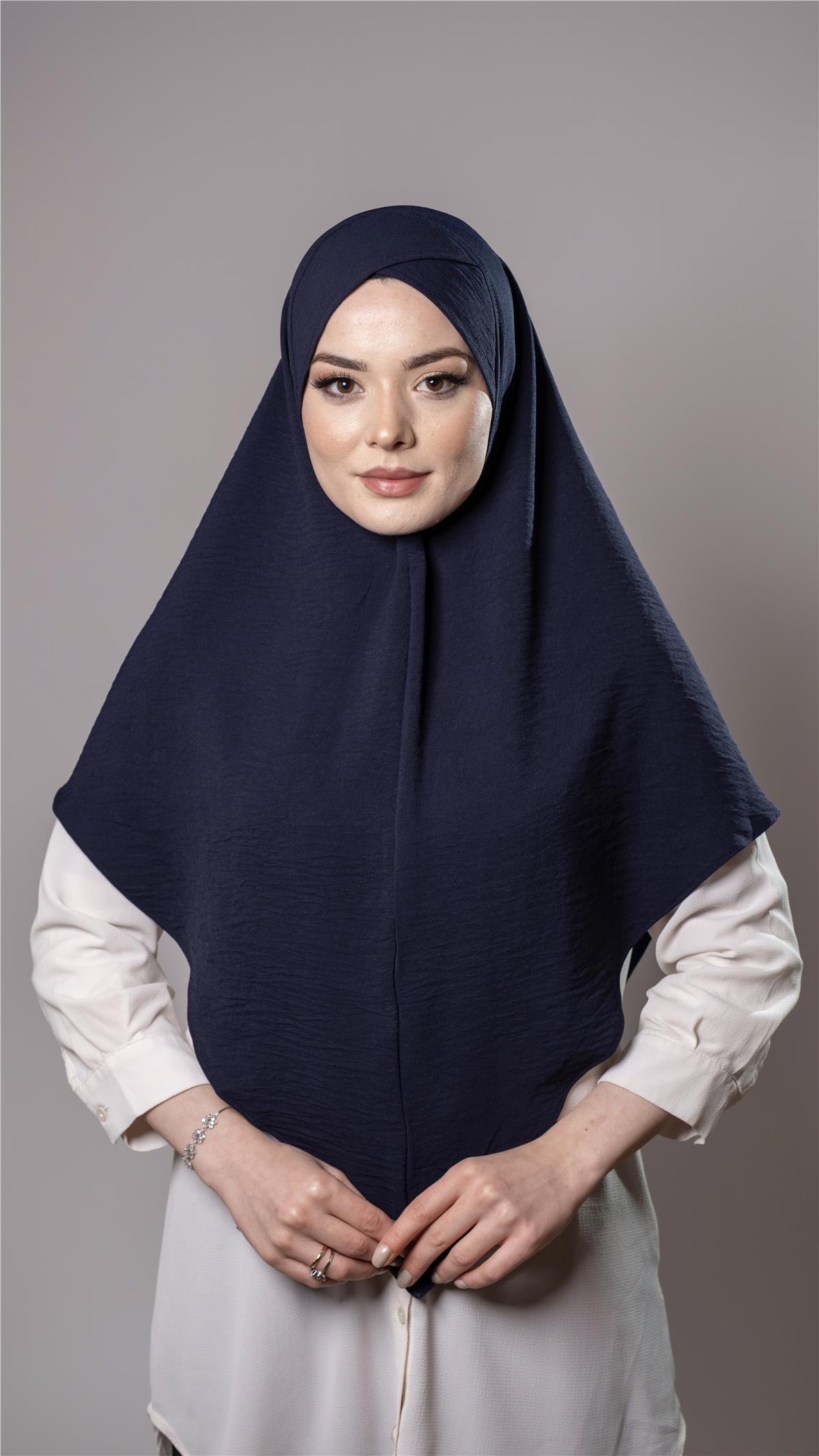 Lacivert Pratik Hazır Geçmeli Tesettür Eşarp Aerobin Kumaş  Çapraz Hijab - Hürrem Bone 2307_02