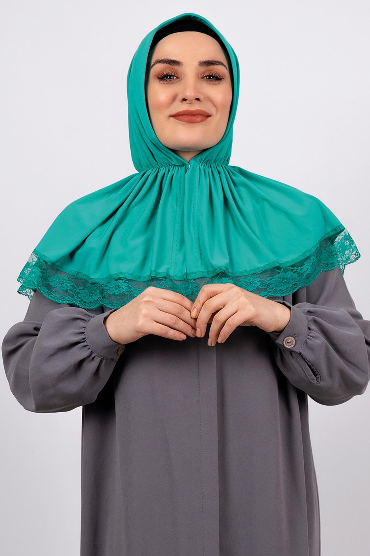 Mint Yeşili Pratik Hazır Geçmeli Tesettür Eşarp Viskon Kumaş Çıtçıtlı Dantelli - Hürrem Bone 2105_13