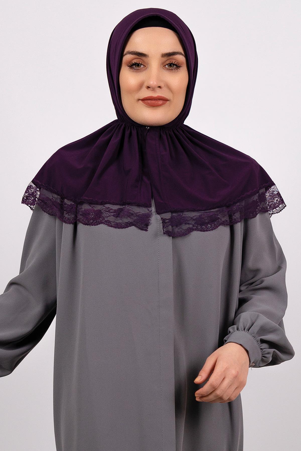 Mürdüm Pratik Hazır Geçmeli Tesettür Eşarp Viskon Kumaş Çıtçıtlı Dantelli - Hürrem Bone 2105_07