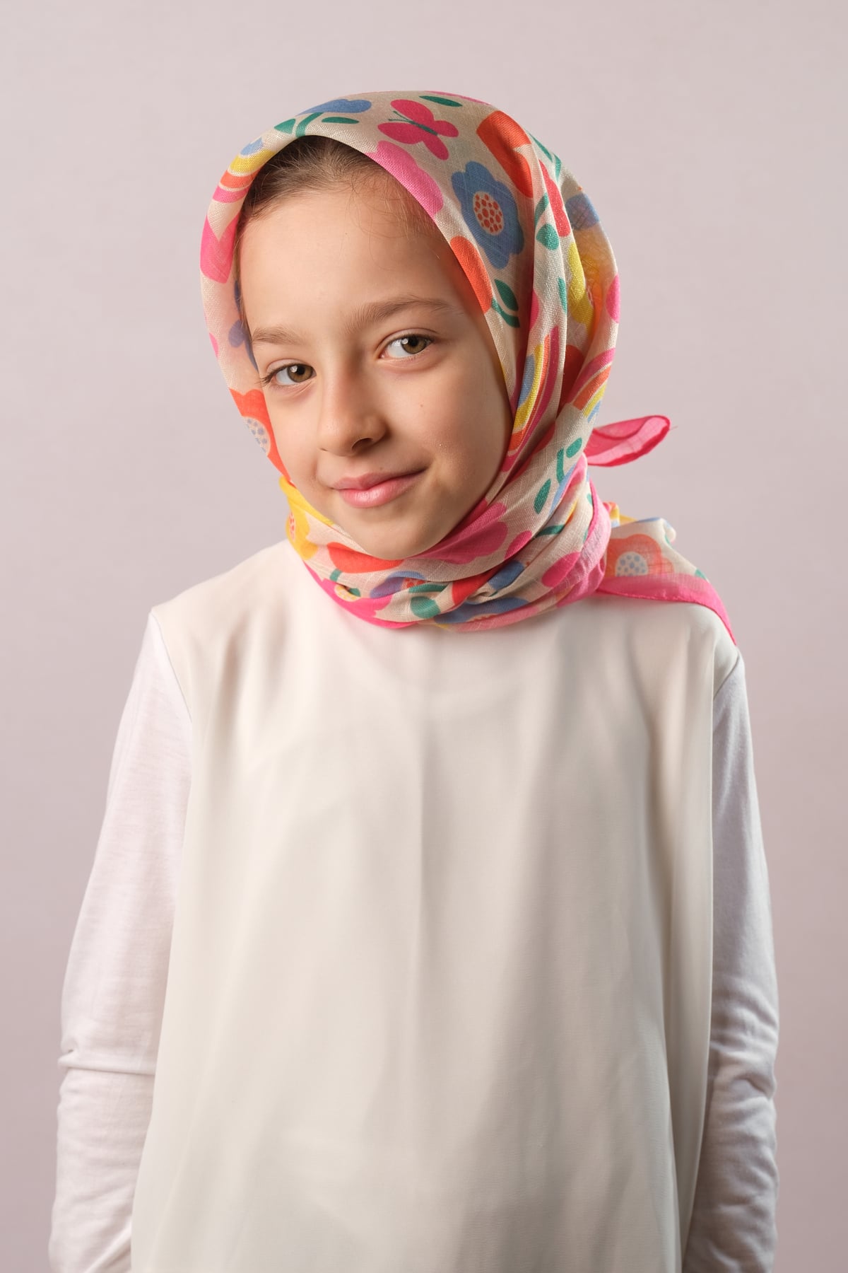 Pembe Dijital Baskılı Çocuk Tesettür Eşarp Pamuk Polyester Çiçek Desenli - Hürrem Bone 6003_04