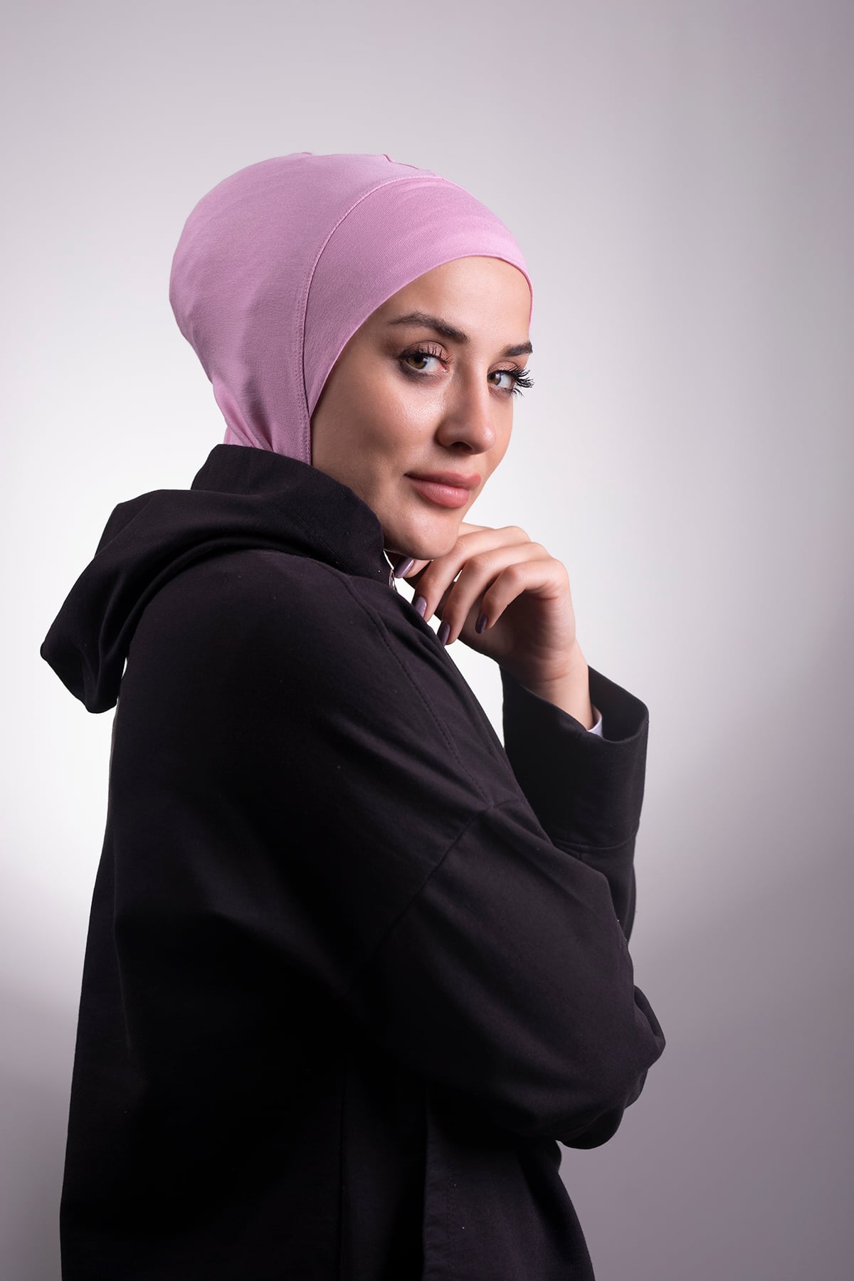 Pembe Pratik Hazır Geçmeli Bone Viskon Kumaş Hijab Spor - Hürrem 2106