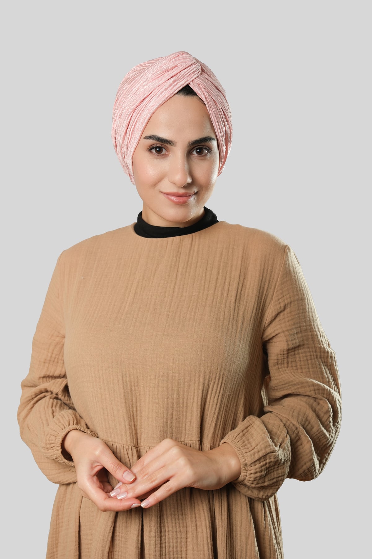 Pudra Çapraz Büzgülü Piliseli Tesettür Bone Fukuro Kendinden Desenli - Hürrem Bone 2316_06