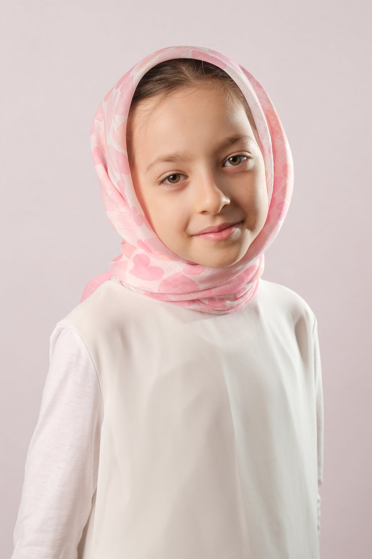 Pudra Dijital Baskılı Çocuk Tesettür Eşarp Pamuk Polyester Kalp Desenli - Hürrem Bone 6003_06
