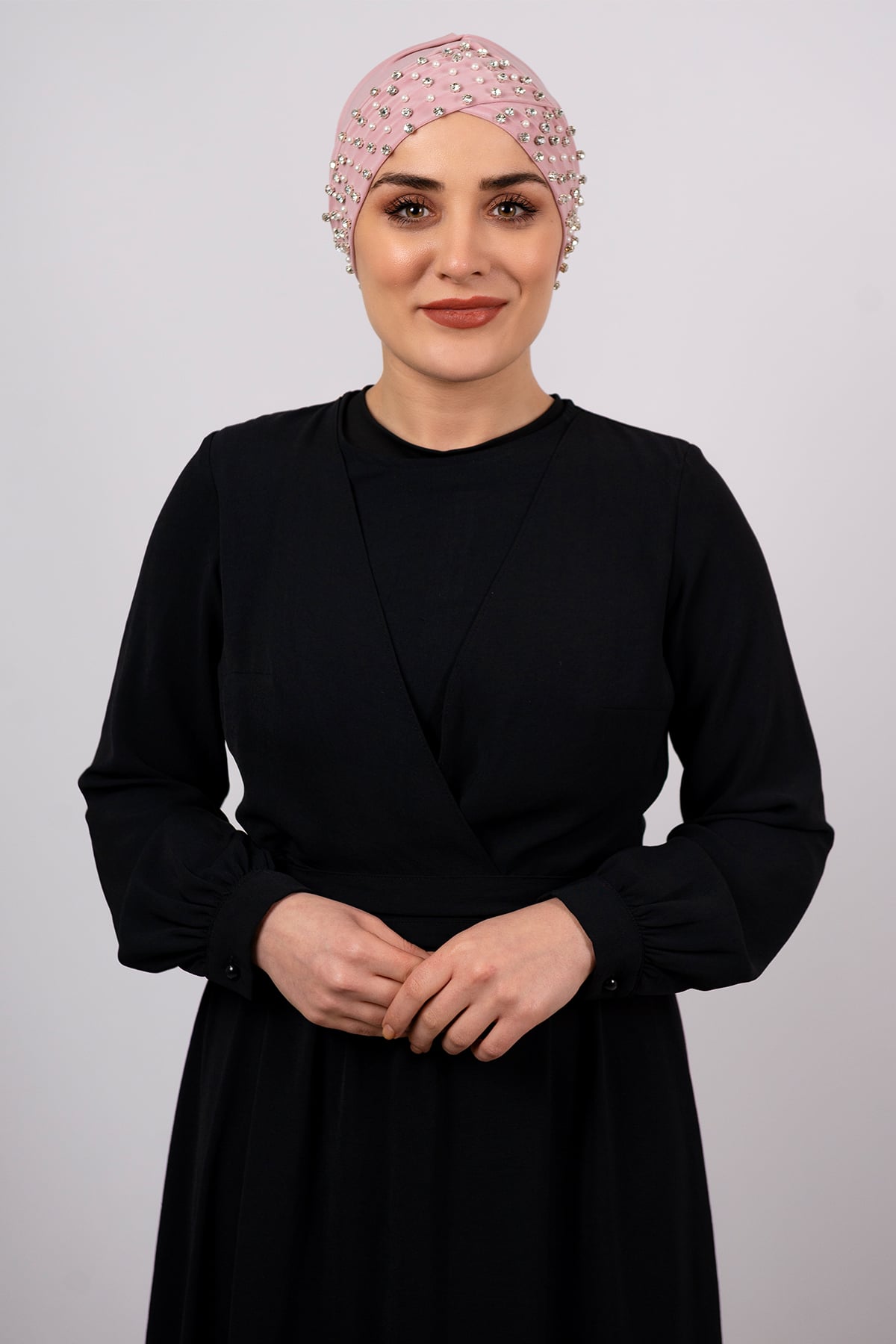 Pudra Pratik Hazır Geçmeli Tesettür Bone Sandy Kumaş Taşlı - Hürrem 1456