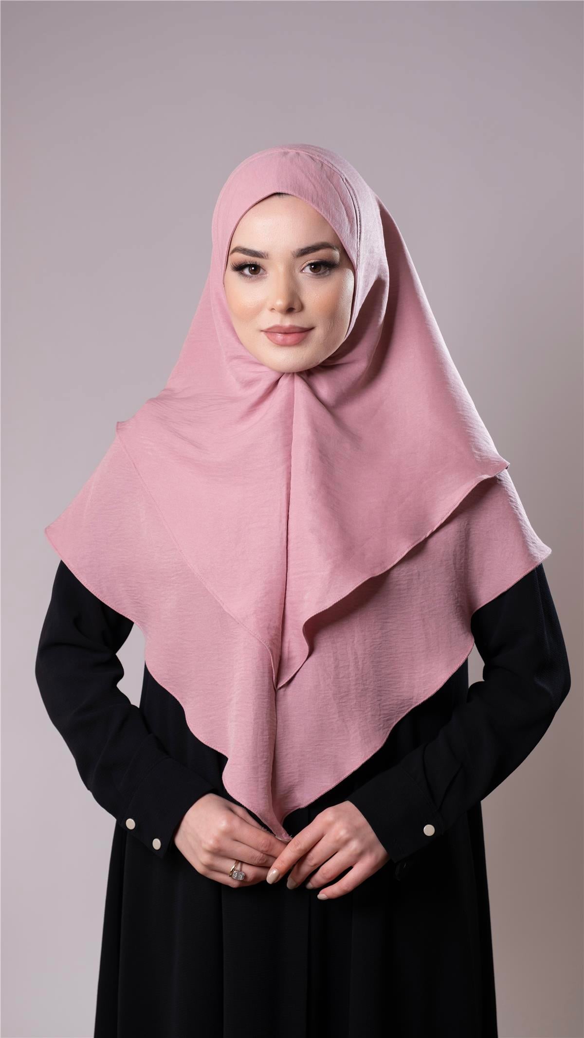 Pudra Pratik Hazır Geçmeli Tesettür Eşarp Pamuk Caz Kumaş Çift Katlı Düz Hijab - Hürrem Bone 2303_06