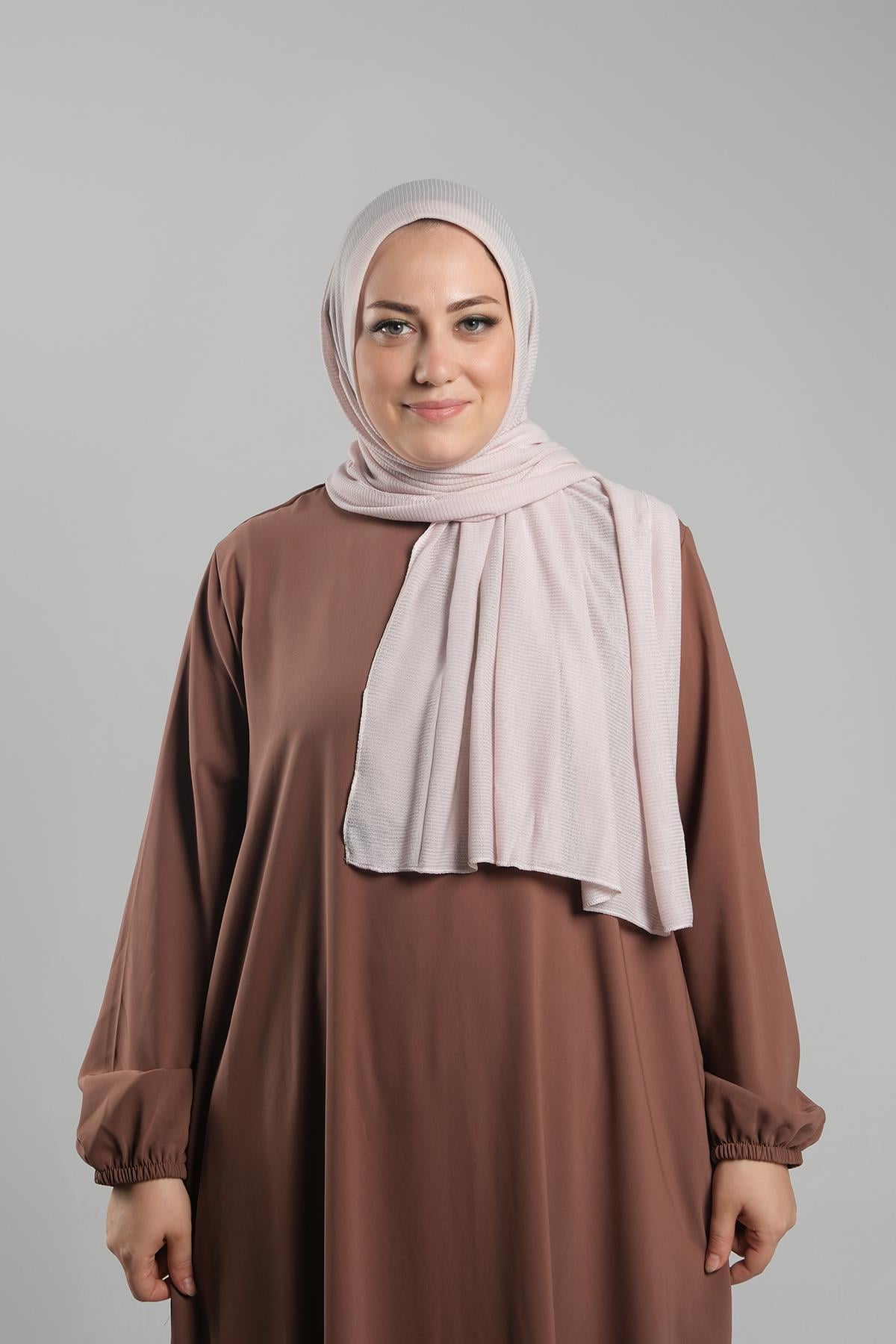 Pudra Pratik Hazır Geçmeli Tesettür Şal Örme Kumaş Sade - Hürrem Bone 2118_06
