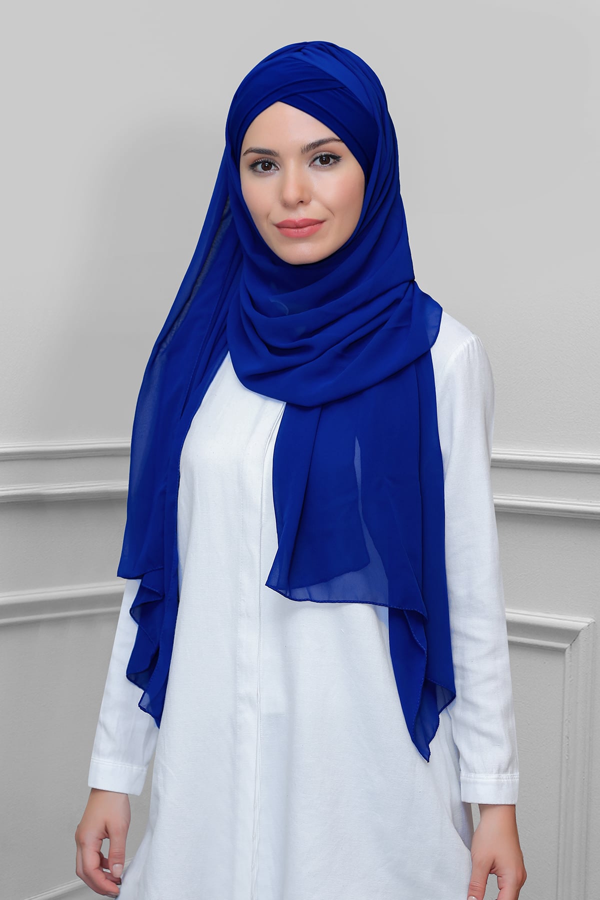 Saks Mavisi Pratik Hazır Geçmeli Bone Şal Şifon Kendinden Topuzlu İki Bantlı - Hürrem 1452