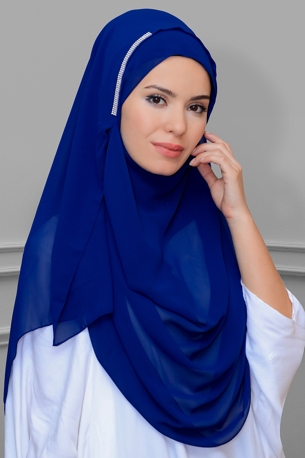 Saks Mavisi Pratik Hazır Geçmeli Malezya Şal Şifon Taşlı - Hürrem 1850