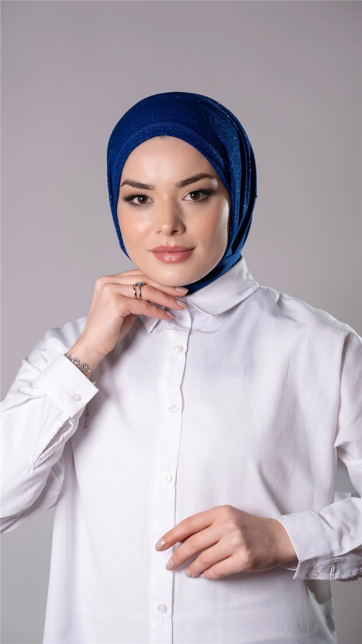 Saks Mavisi Pratik Hazır Geçmeli Tesettür Eşarp Sandy Kumaş Arkadan Çıtçıtlı - Hürrem Bone 2206_24