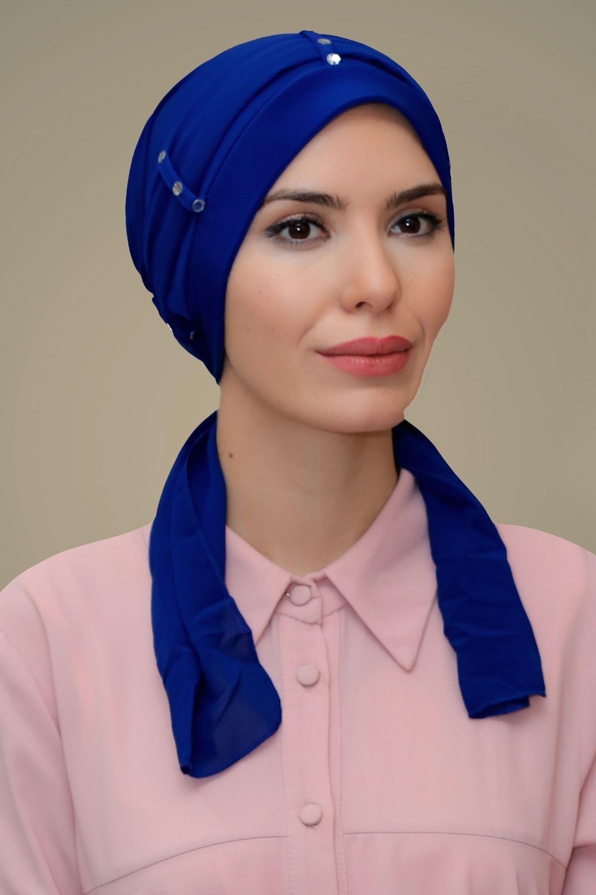 Saks Mavisi Pratik Hazır Geçmeli Tesettür Bone Sandy Kumaş Kemerli Taşlı - Hürrem Bone 1205_24