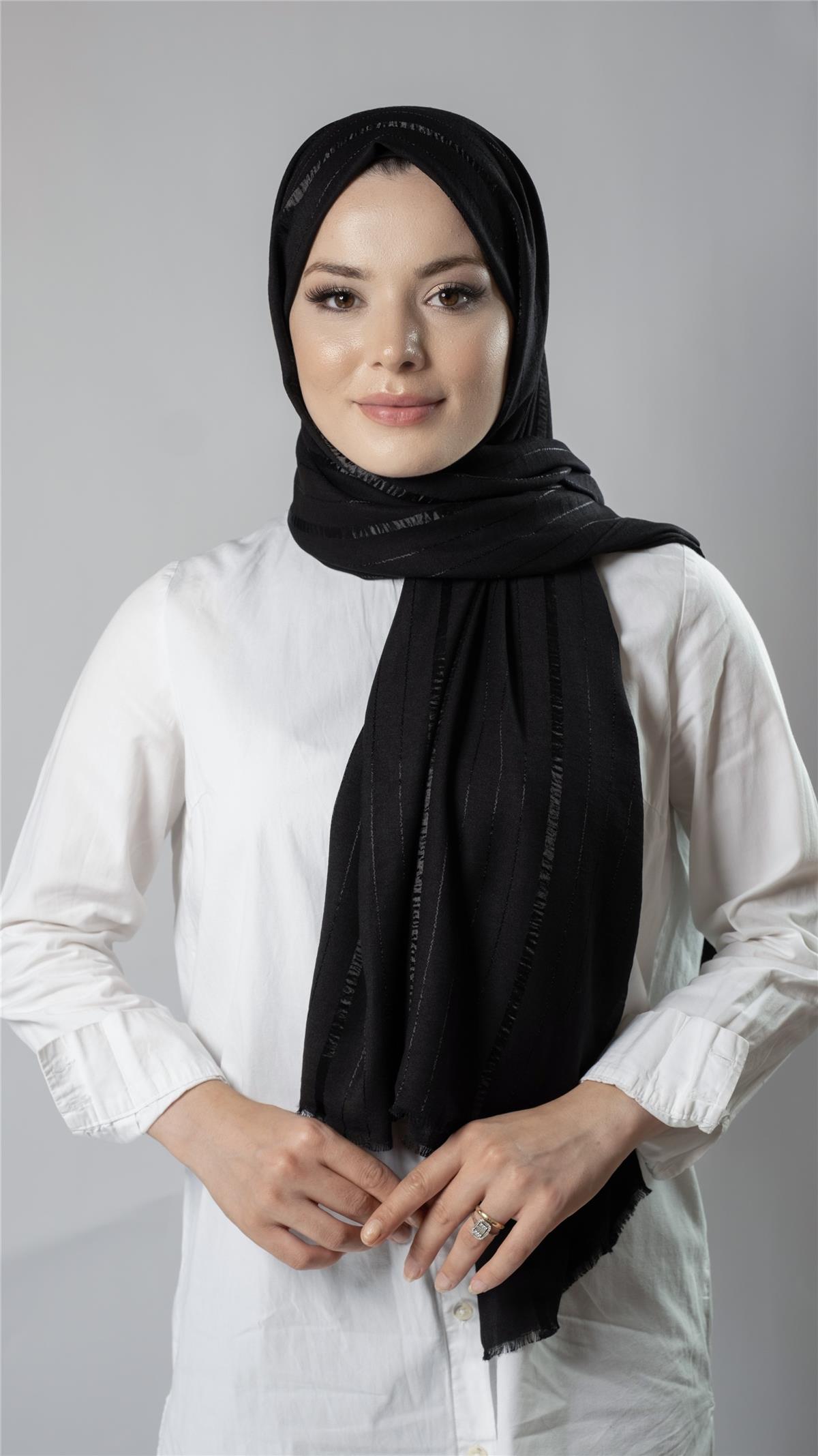 Siyah Çizgili Şal Viskon Kumaş Bursa Dolama - Hürrem Bone 202110_01