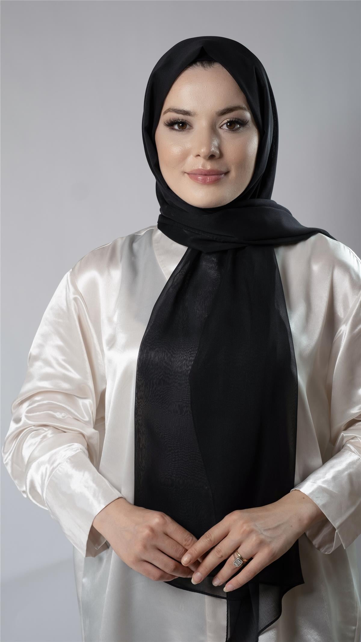 Siyah Düz Klasik Şal Şifon Kumaş Janjan Abiye - Hürrem Bone 202108_01