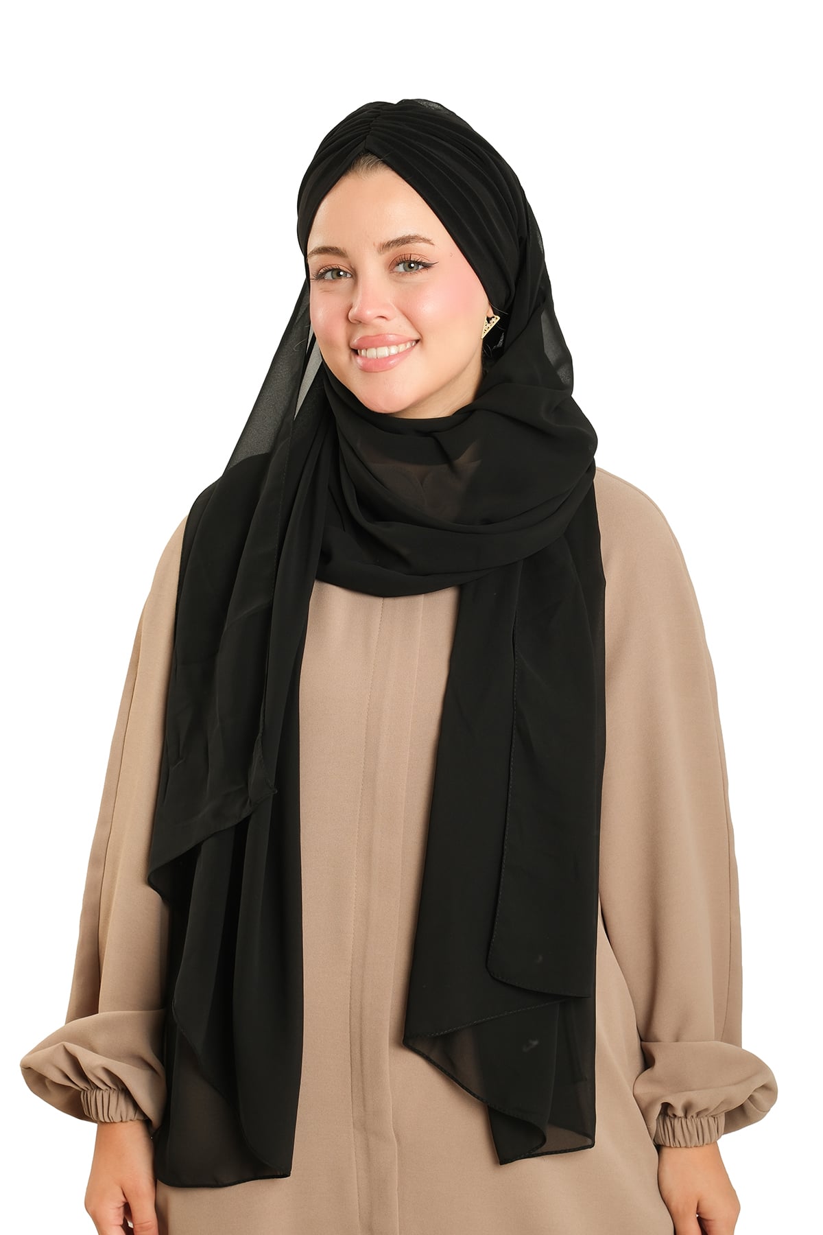 Siyah Pratik Hazır Geçmeli Bone Şal Şifon Drapeli - Hürrem Bone 2507_01
