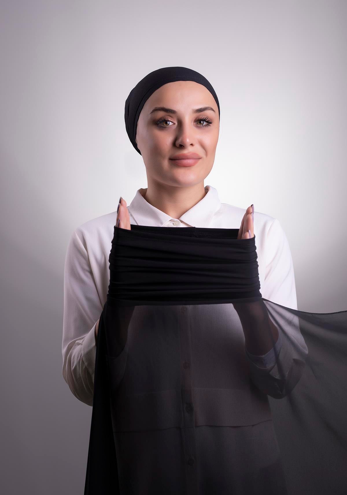 Siyah Pratik Hazır Geçmeli Şal Şifon Boru Boneli - Hürrem Bone 3001_01