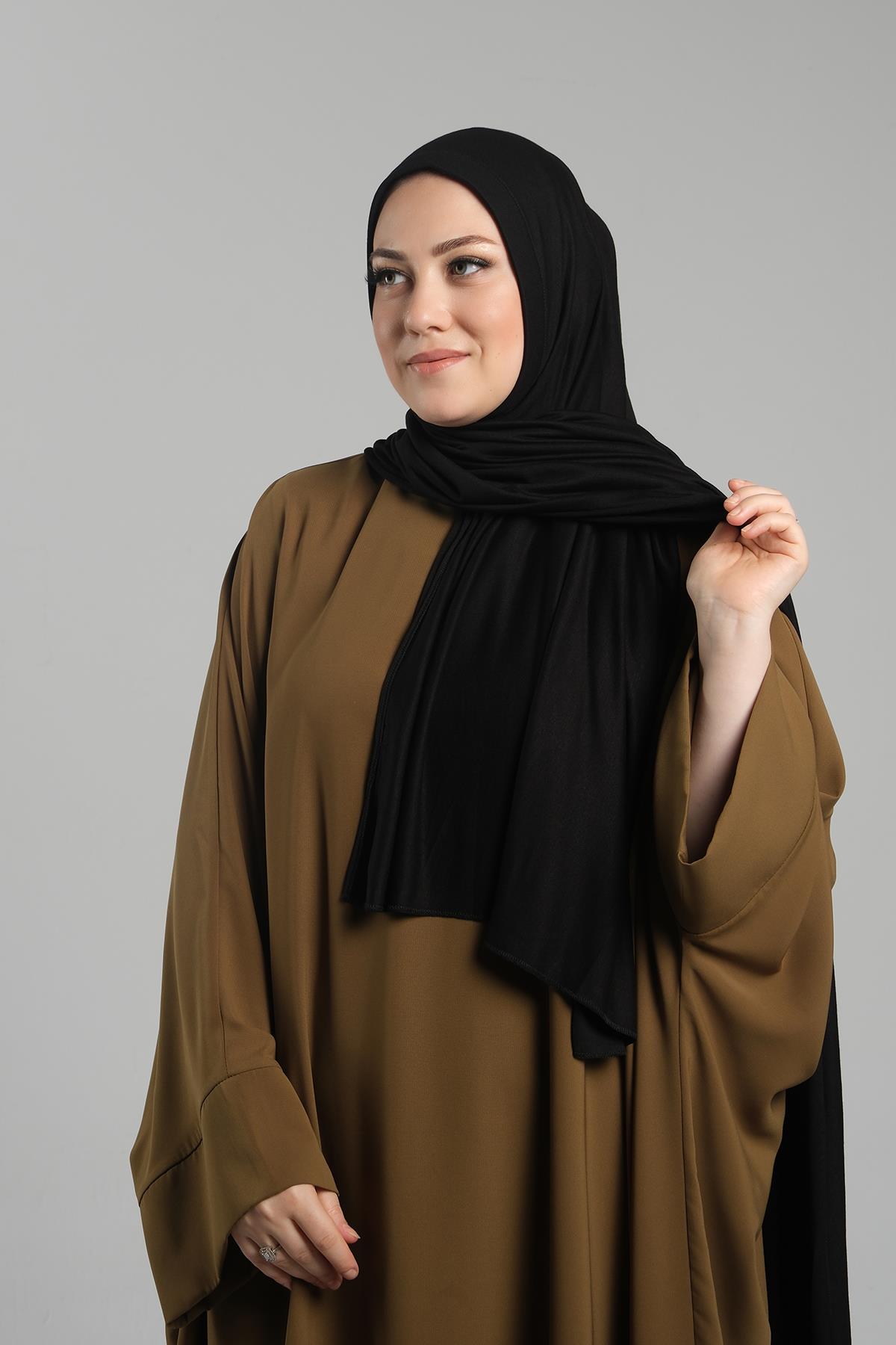 Siyah Pratik Hazır Geçmeli Şal Viskon Önü Süngerli Penye Şal - Hürrem Bone 2202_01