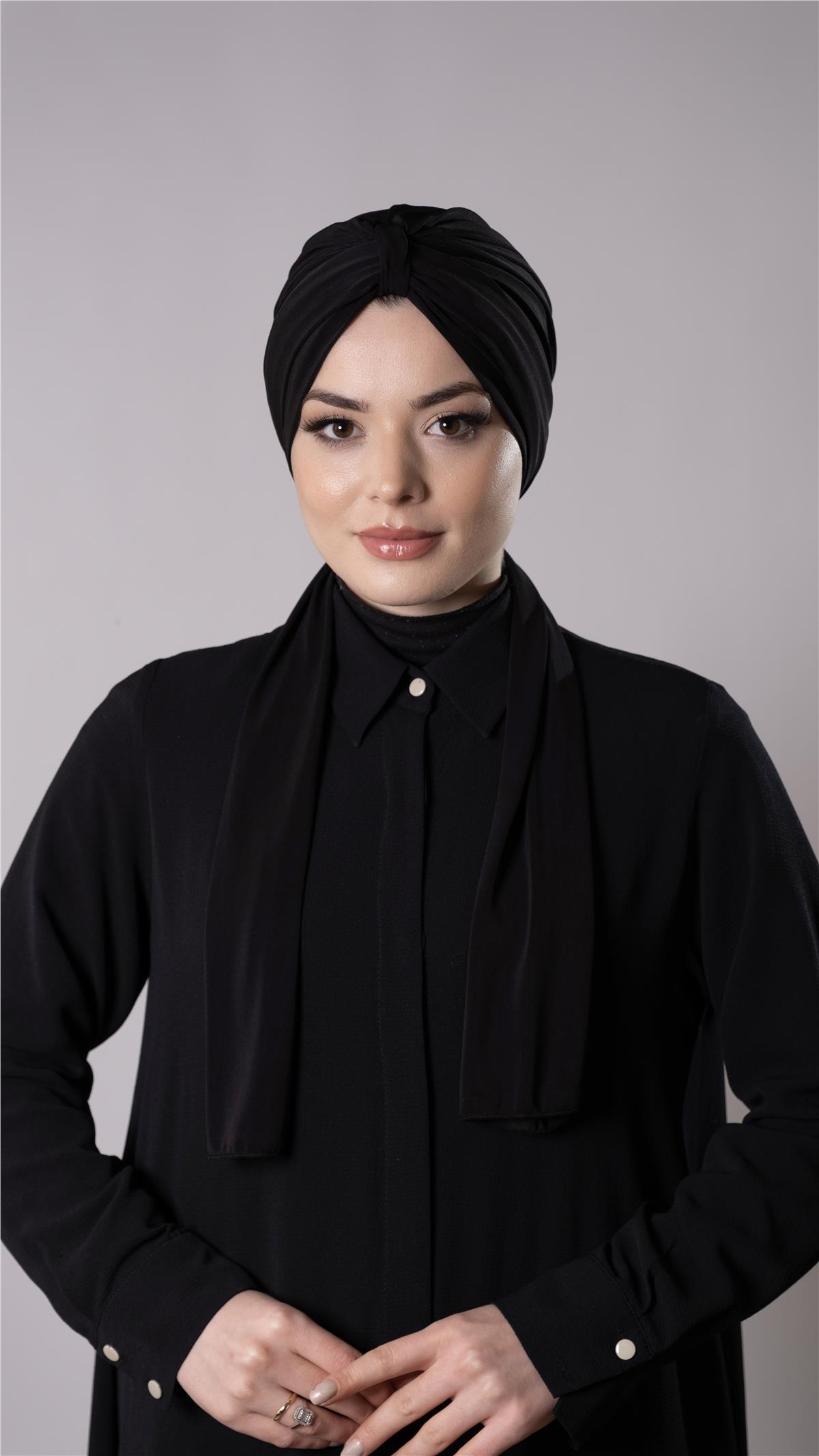 Siyah Pratik Hazır Geçmeli Tesettür Bone Sandy Kumaş Atkılı  - Hürrem Bone 2204_01