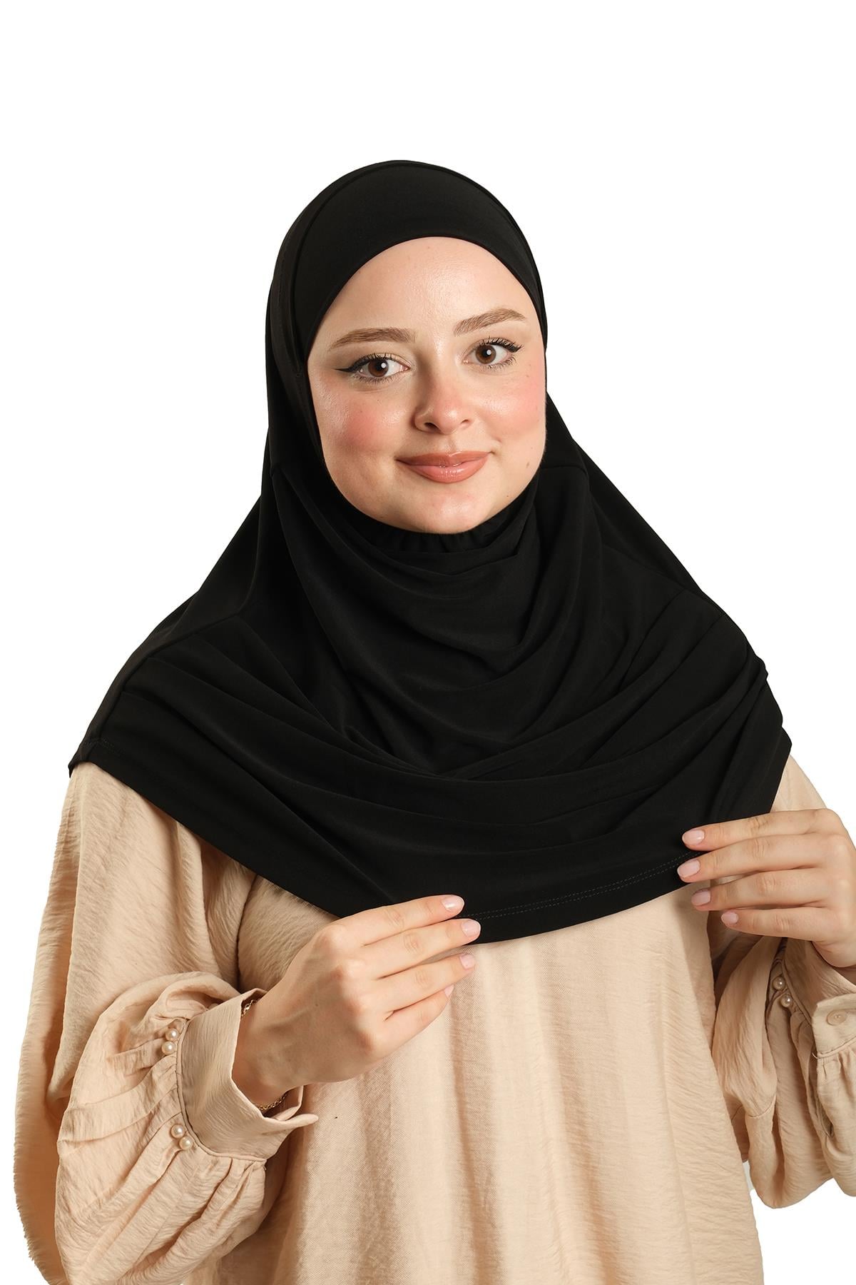 Siyah Pratik Hazır Geçmeli Tesettür Eşarp Sandy Kumaş Kendinden Boneli - Hürrem Bone 1290_01