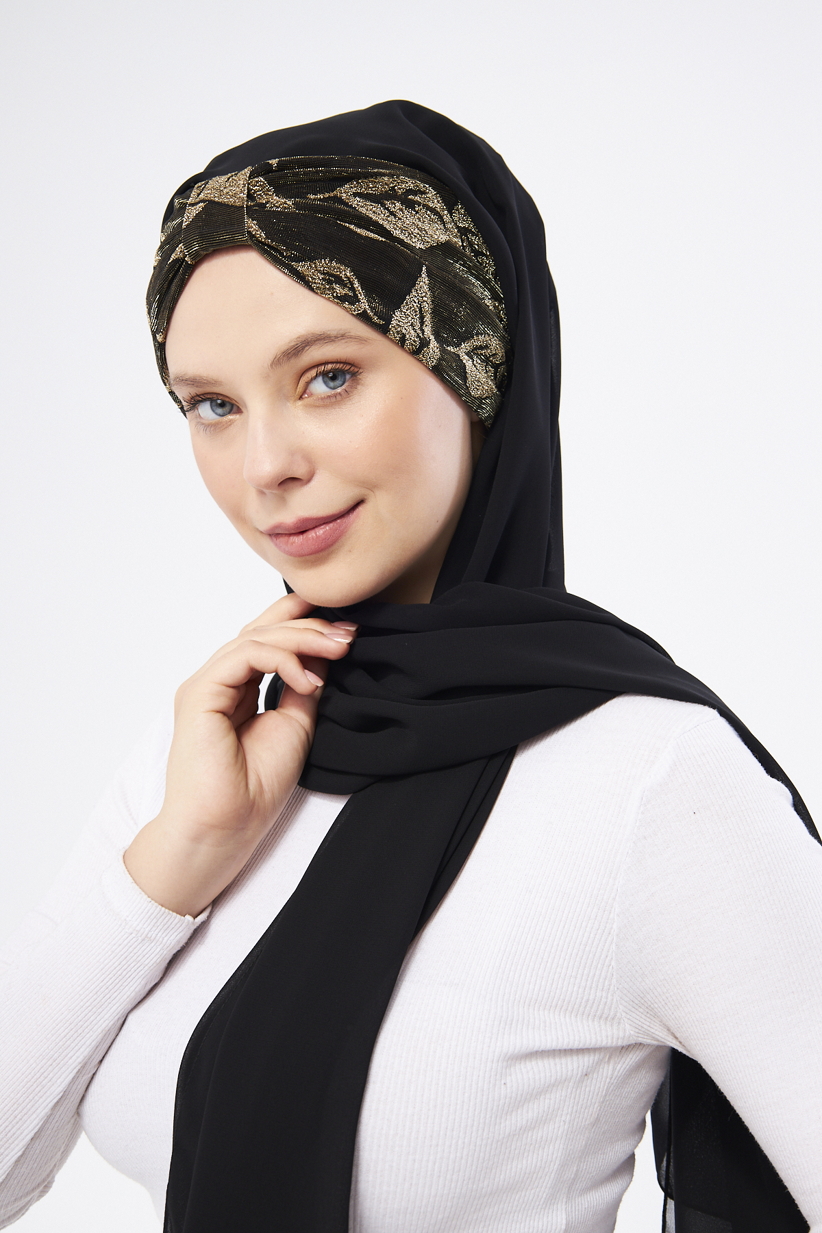 Siyah Simli Arkadan Bağlamalı Şal Şifon Çiçek Desenli - Hürrem Bone 2318_01