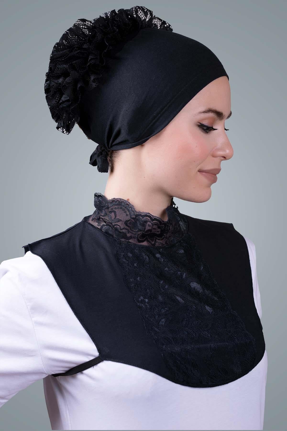Siyah Tesettür Boyunluk Viskon Kumaş Göğüs Dantelli - Hürrem Bone 1005_01