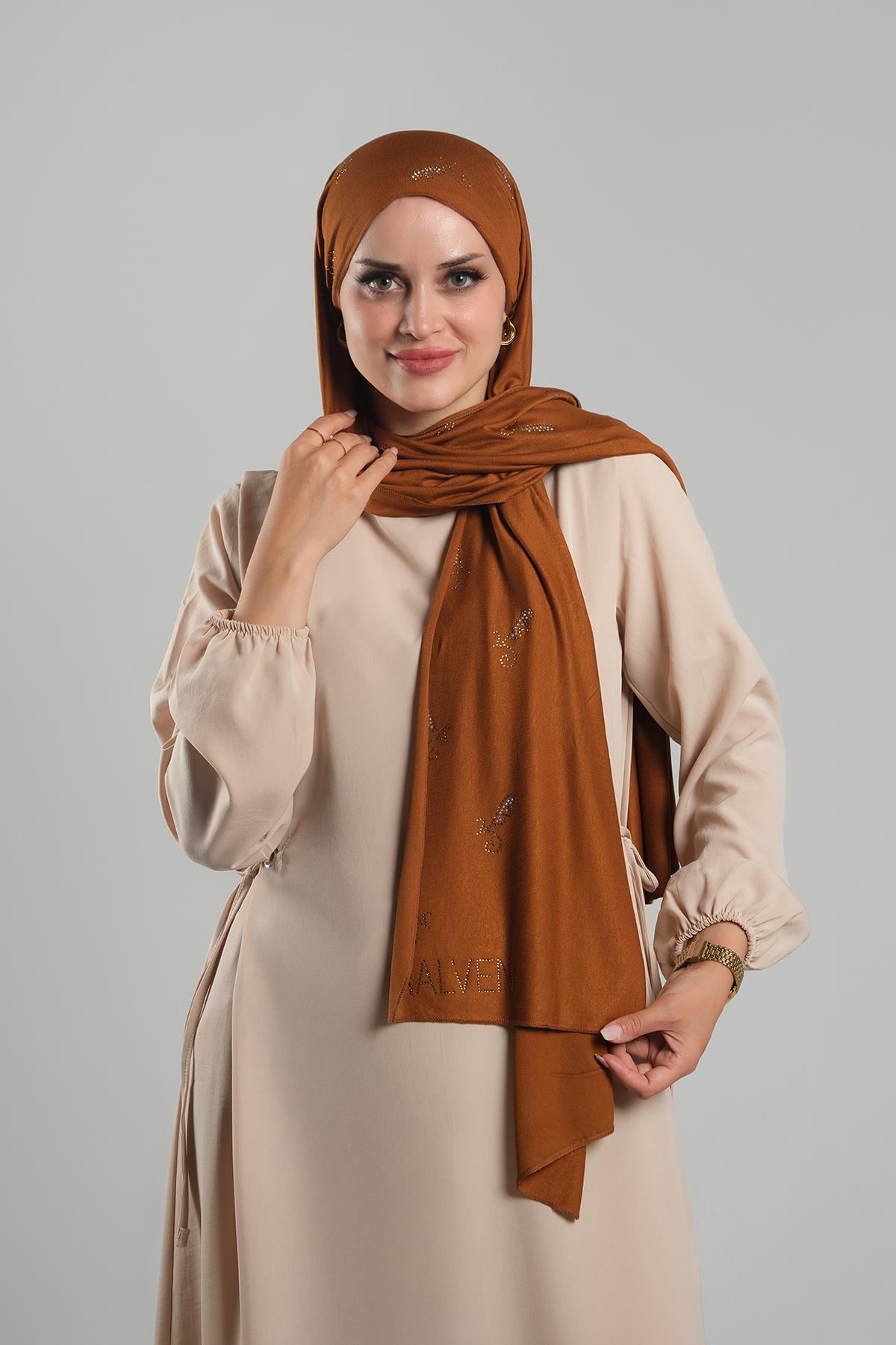 Taba Kristal Taşlı Şal Viskon Sümbül Çiçek Desenli - Hürrem Bone 202117_33