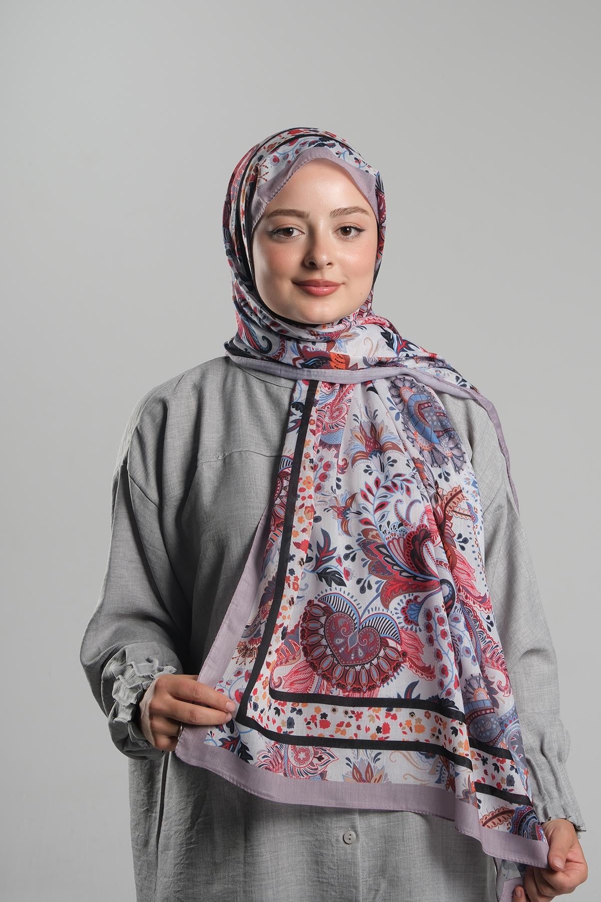 Violet Desenli Şal Kesik Elyaf Dijital Baskılı Pamuksu Etnik - Hürrem Bone 202114_21
