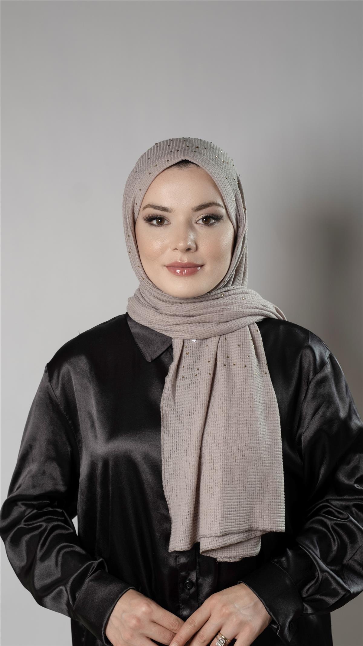 Vizon Pratik Hazır Geçmeli Tesettür Şal Örme Kumaş Taş Desenli - Hürrem Bone 2118T_10