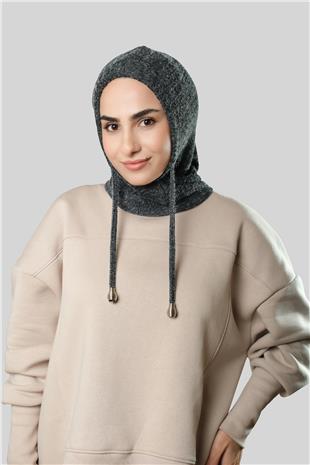 Antrasit Bağcıklı Peluş Balaklava Boyunluklu Bere Jakar Düz - Hürrem Bone 2327_25