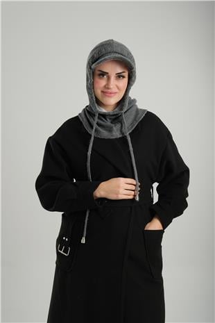 Antrasit Bağcıklı Peluş Salaş Şapkalı Balaklava Boyunluklu Bere Jakar Düz - Hürrem Bone 2332_25